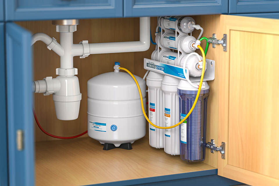 Reverse osmosis water purification system under sink in a kitchen